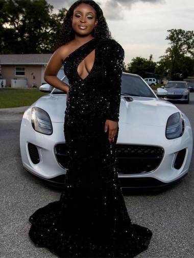 One Shoulder Long Sleeves Long Sweep Train Velvet Sequin Prom Dress Australia