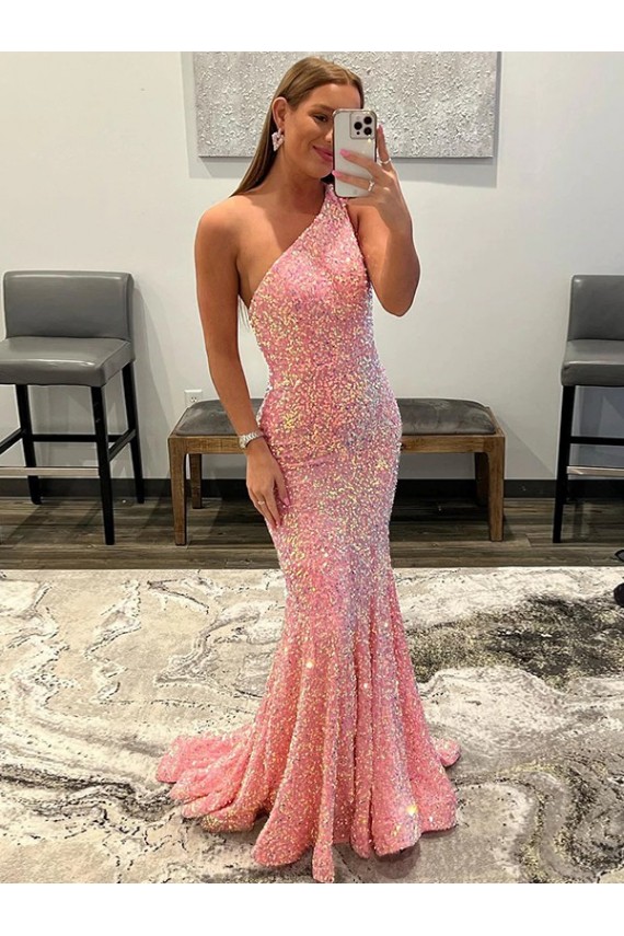 Open Back One Shoulder Sleeveless Long Sweep Train Velvet Sequin Prom Dress Australia