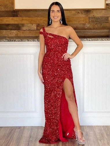 One Shoulder Sleeveless Long Sweep Train Velvet Sequin Prom Dress Australia