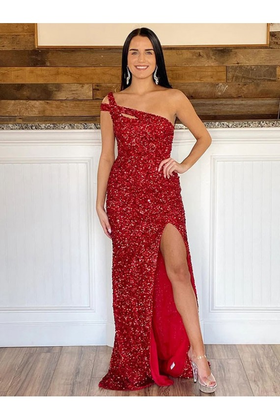 One Shoulder Sleeveless Long Sweep Train Velvet Sequin Prom Dress Australia