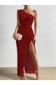 One Shoulder Sleeveless Long Floor Length Velvet Sequin Prom Dress with Slit Australia
