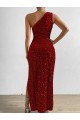 One Shoulder Sleeveless Long Floor Length Velvet Sequin Prom Dress with Slit Australia