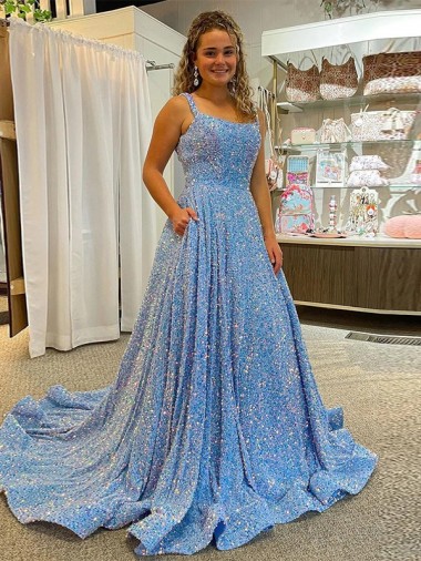 A-Line Scoop Sleeveless Long Court Train Velvet Sequin Prom Dress Australia