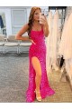 Spaghetti Straps Sleeveless Long Velvet Sequin Prom Dress with Slit and Criss Cross Open Back Australia