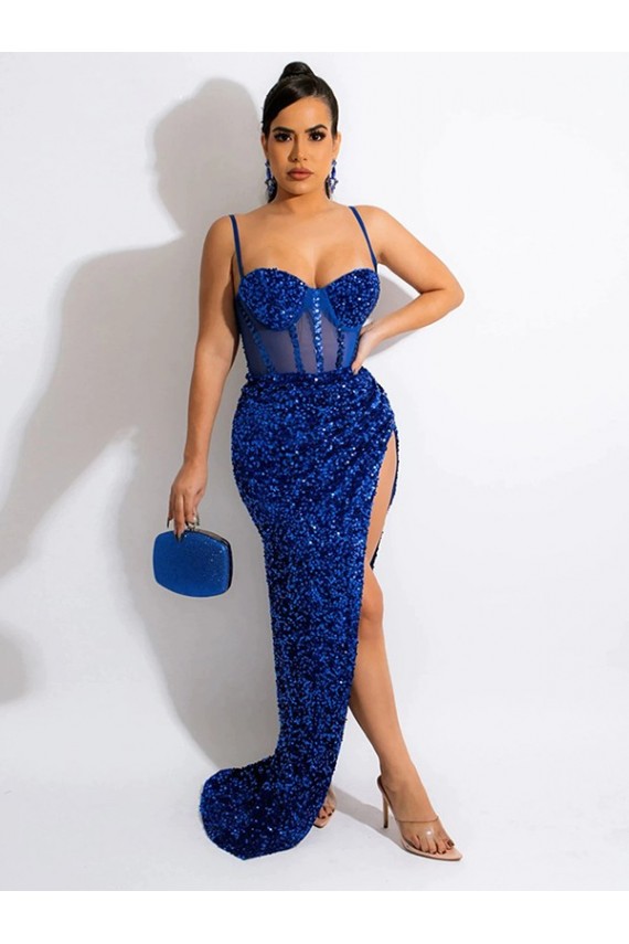 Long Sweep Train Spaghetti Straps Sleeveless Velvet Sequin Prom Dress with Slit Australia