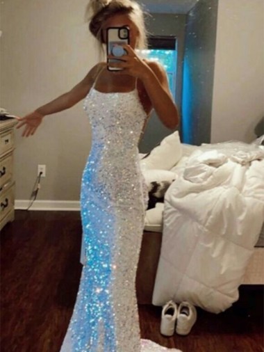Long Spaghetti Straps Sleeveless Sweep Train Velvet Sequin Prom Dress Australia