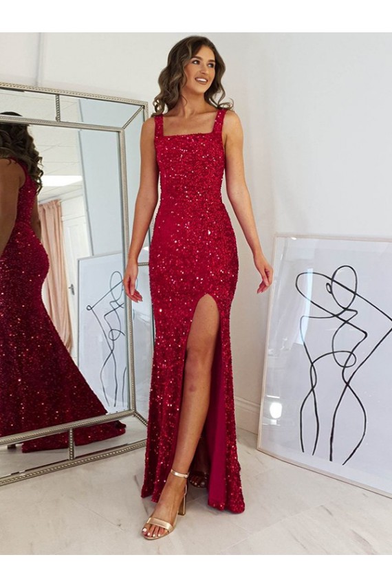 Square Neck Sleeveless Long Velvet Sequin Prom Dress with Slit Australia