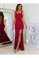 Square Neck Sleeveless Long Velvet Sequin Prom Dress with Slit Australia