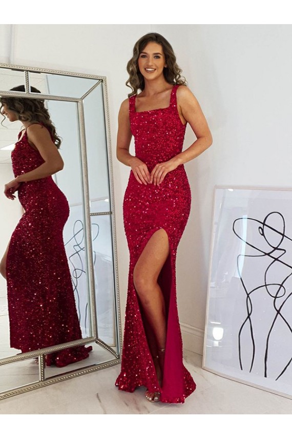 Square Neck Sleeveless Long Velvet Sequin Prom Dress with Slit Australia
