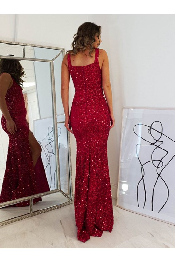 Square Neck Sleeveless Long Velvet Sequin Prom Dress with Slit Australia