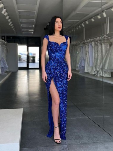 Sleeveless Long Sweep Train Velvet Sequin Prom Dress with High Slit and Straps Australia