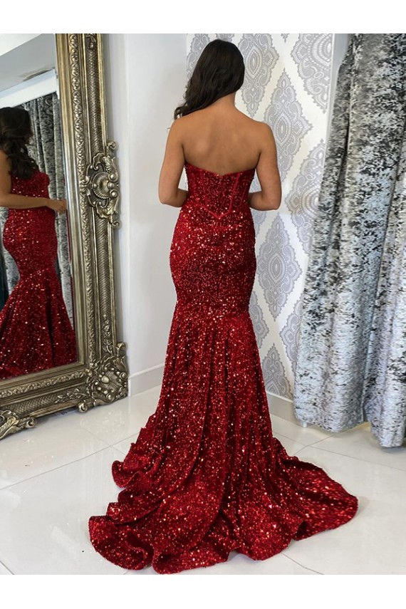 Sweetheart Sleeveless Long Court Train Velvet Sequin Prom Dress Australia