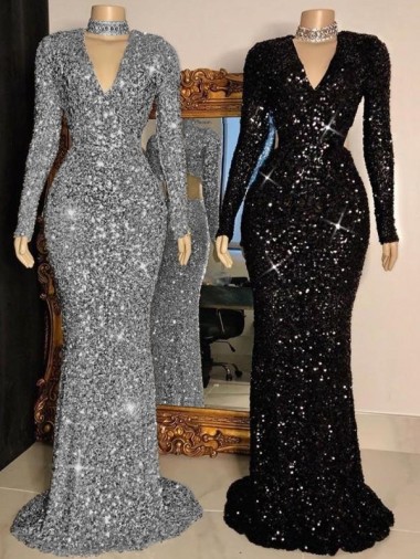 V-Neck Long Sleeves Long Sweep Train Velvet Sequin Prom Dress Australia