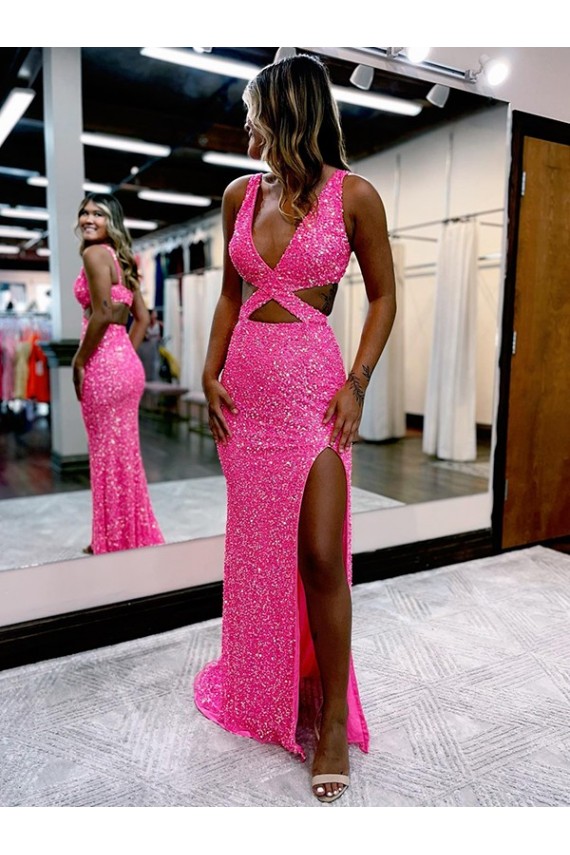 Long V-Neck Sleeveless Sweep Train Velvet Sequin Prom Dress with High Slit Australia