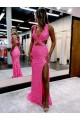 Long V-Neck Sleeveless Sweep Train Velvet Sequin Prom Dress with High Slit Australia