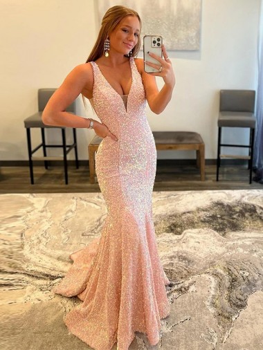 Deep V-Neck Sleeveless Long Low Back Velvet Sequin Prom Dress Australia