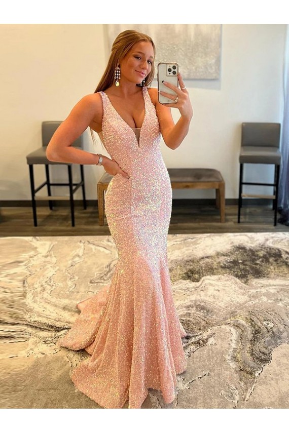 Deep V-Neck Sleeveless Long Low Back Velvet Sequin Prom Dress Australia