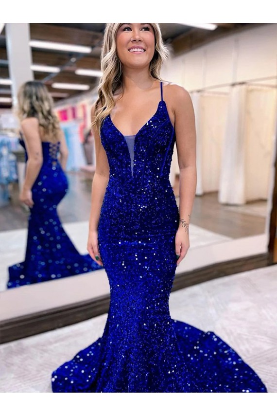 Mermaid V-Neck Sleeveless Long Court Train Velvet Sequin Prom Dress Australia