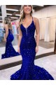 Mermaid V-Neck Sleeveless Long Court Train Velvet Sequin Prom Dress Australia