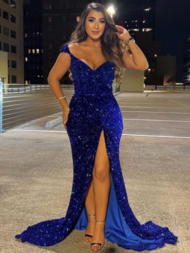 V-Neck Sleeveless Long Sweep Train Velvet Sequin Prom Dress with Slit Australia