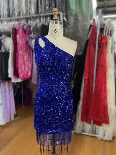 One Shoulder Keyhole Sleeveless Short Velvet Sequin Homecoming Dress / Prom Dress Australia