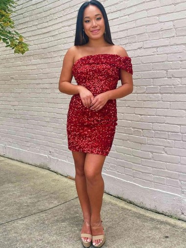 Short One Shoulder Sleeveless Velvet Sequin Cocktail Homecoming Dress / Prom Dress Australia
