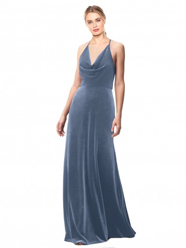 Halter Cowl Neck Long A-Line Velvet Bridesmaid Dress / Prom Dress with Keyhole Back Australia