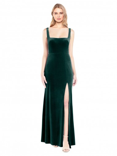 Square Neck Full Length Velvet Bridesmaid Dress / Prom Dress with Side Slit Australia