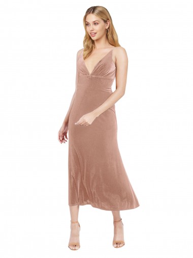 Midi Cocktail Length Short V-Neck Velvet Bridesmaid Dress / Prom Dress with Notched Neckline Australia