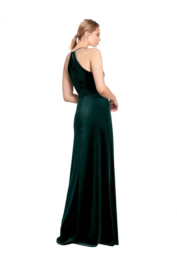 Long Jewel Neck Full Length Velvet Bridesmaid Dress / Prom Dress with Side Slit Australia