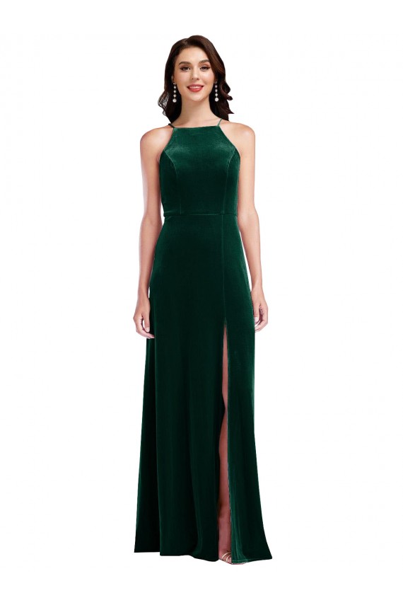 Velvet Halter Maxi Bridesmaid Dress / Prom Dress with Front Slit Australia