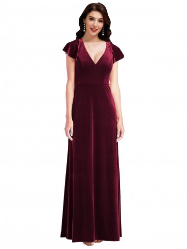 Flutter Sleeve Velvet Maxi Bridesmaid Dress / Prom Dress with Pockets Australia