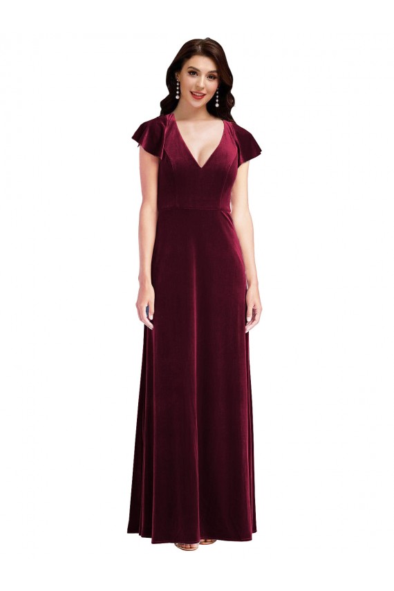 Flutter Sleeve Velvet Maxi Bridesmaid Dress / Prom Dress with Pockets Australia