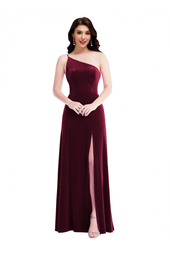One Shoulder Spaghetti Strap Velvet Maxi Bridesmaid Dress / Prom Dress with Pockets Australia