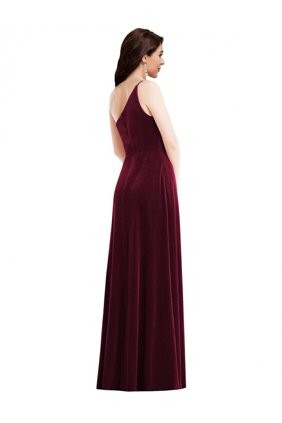 One Shoulder Spaghetti Strap Velvet Maxi Bridesmaid Dress / Prom Dress with Pockets Australia