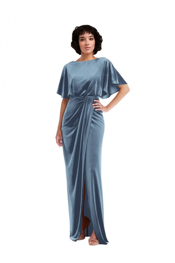 Flutter Sleeve Open Back Velvet Maxi Bridesmaid Dress / Prom Dress with Draped Wrap Skirt Australia