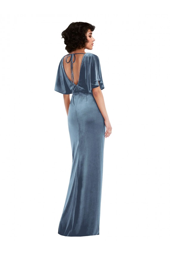 Flutter Sleeve Open Back Velvet Maxi Bridesmaid Dress / Prom Dress with Draped Wrap Skirt Australia
