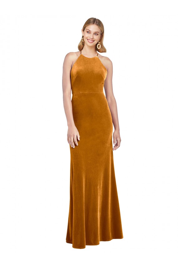 Halter Neckline Long Full Length Formal Velvet Bridesmaid Dress / Prom Dress with Strappy Back Australia