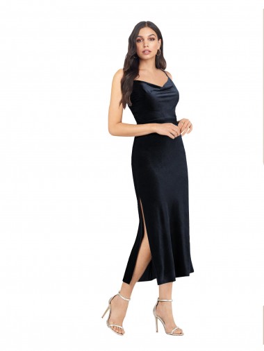 Midi Cocktail Length Formal Velvet Bridesmaid Dress / Prom Dress with Cowl Neck and Spaghetti Straps Australia