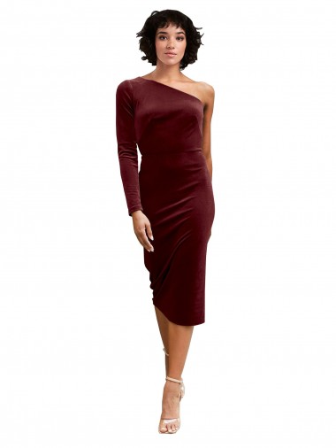 One Shoulder Fitted Short Midi Length Velvet Bridesmaid Dress / Prom Dress Australia