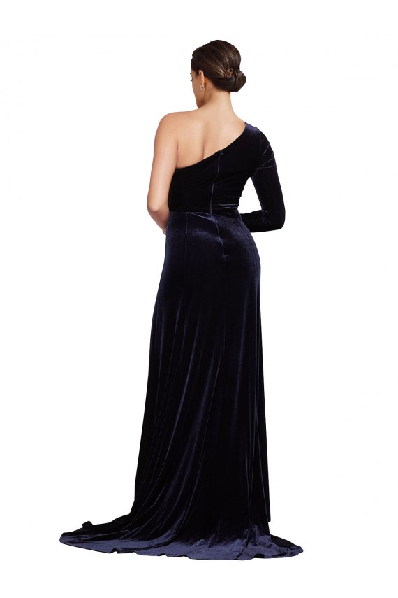 One Sleeve Long Formal Velvet Bridesmaid Dress / Prom Dress with Thigh High Split Australia