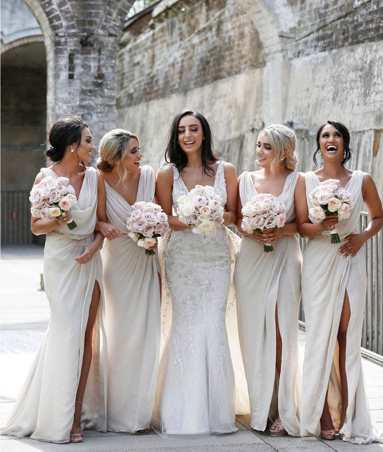 Full Length Luxe Chiffon Long Champagne bridesmaid dresses Australia with Sexy High Slit and Front Ruffles