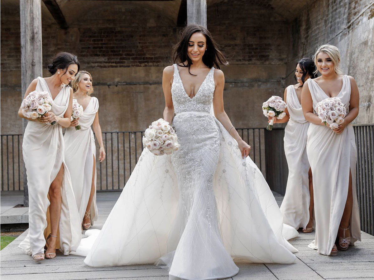 Full Length Luxe Chiffon Long Champagne bridesmaid dresses Australia with Sexy High Slit and Front Ruffles