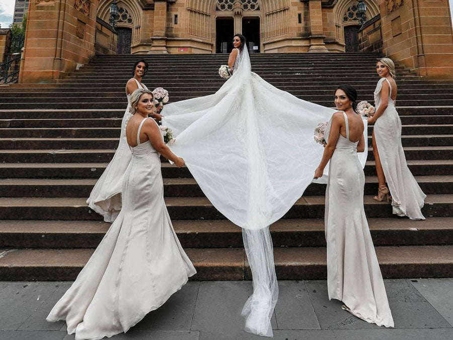 Full Length Luxe Chiffon Long Champagne bridesmaid dresses Australia with Sexy High Slit and Front Ruffles