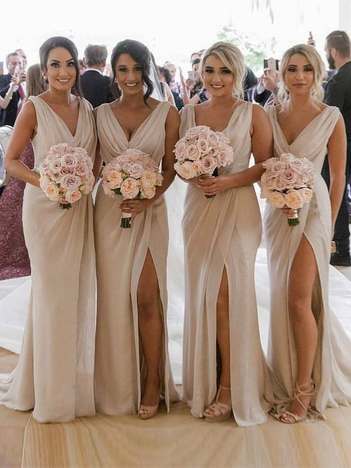 Champagne Full Length Luxe Chiffon Long Champagne bridesmaid dresses Australia with Sexy High Slit and Front Ruffles